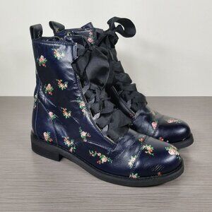BP Floral Combat Boots with Ribbon Laces, Navy, Womens Size 6.5